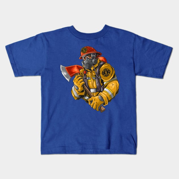 fire fighter with axe Kids T-Shirt by Mako Design 